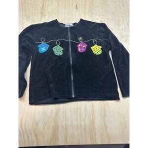 Vintage Belle Pointe Velour Sweater Cardigan Mittens Womens L Christmas Zip Up